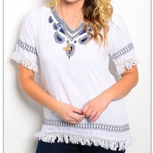 Embroidered White and Blue Women's Top